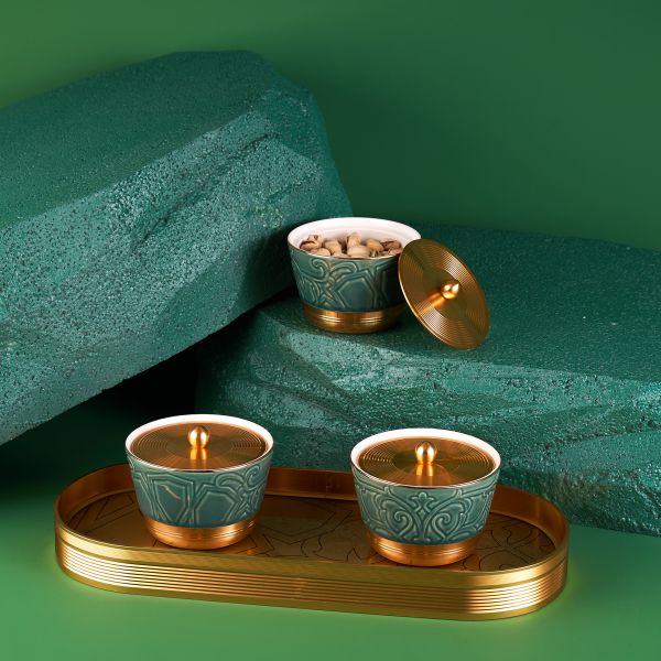 Sweet Bowls Set With Porcelain Tray 7 Pcs From Majlis - Green